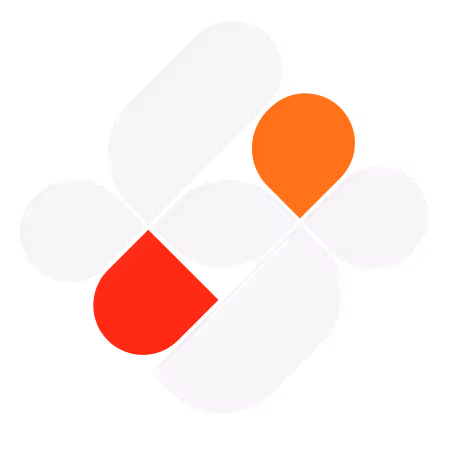 Abstract geometric design featuring white, red, and orange rounded shapes arranged symmetrically.